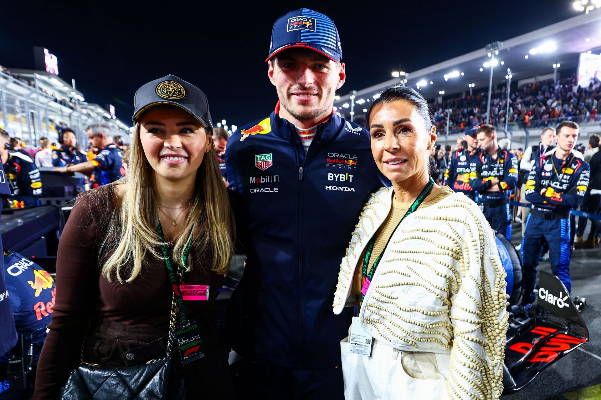 Max Verstapen's sister Victoria Vertsappen (L), Max Verstappen, and mother Sophie Kumpen (R) at the F1 Grand Prix of Qatar - Source: Getty